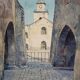 René Ricard : Aquarelle figurative représentant une vue architecturale