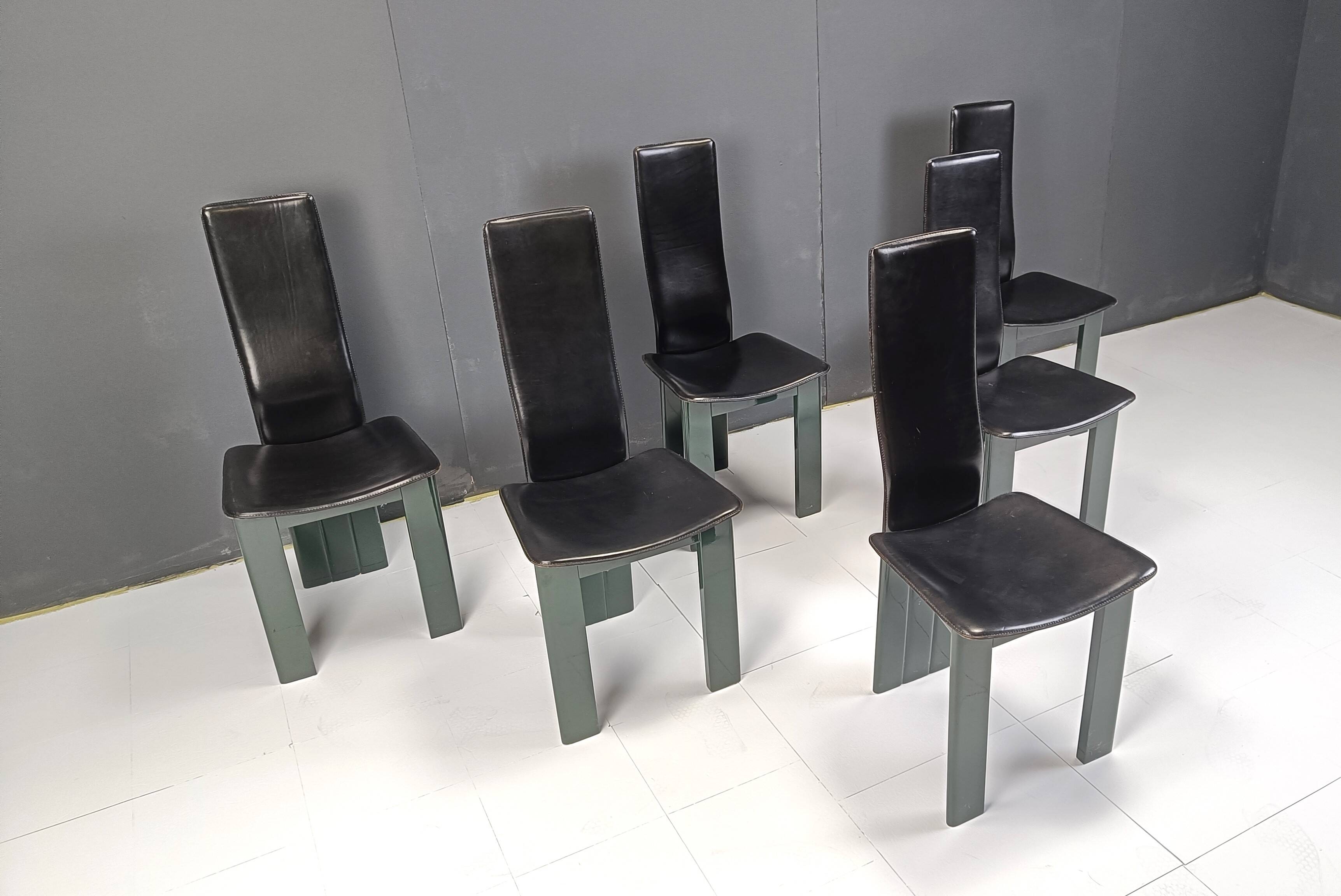 Set of 6 Italian leather and green lacquer dining chairs, 1980s