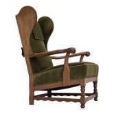 1960s, Danish wingback armchair, furniture velour, oak wood.