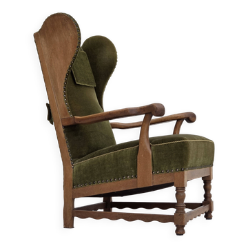 Fauteuil à oreilles danois des années 1960, velours de mobilier, bois de chêne.