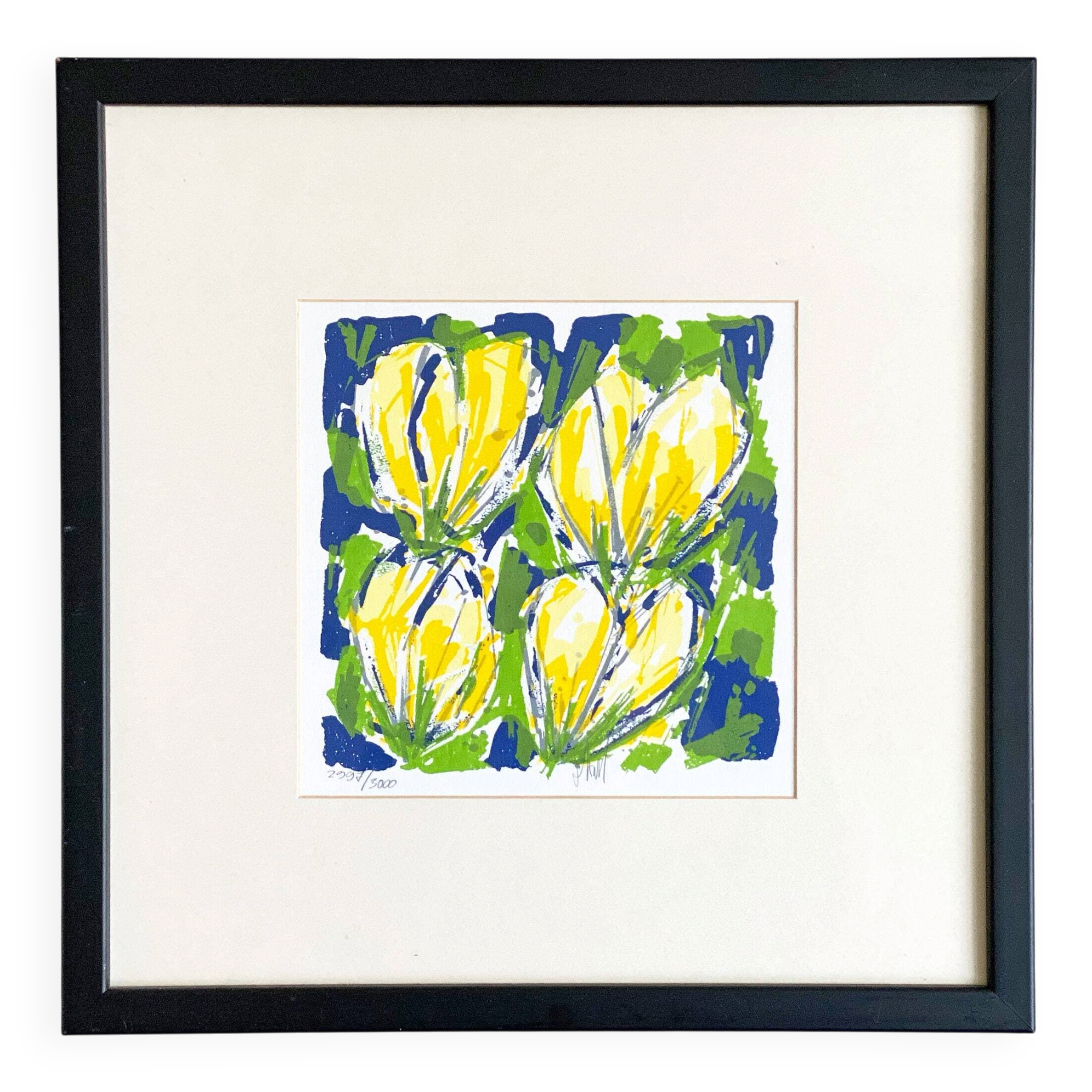 Cheerful silkscreen "yellow tulips" by Ad van Hassel, Dutch art