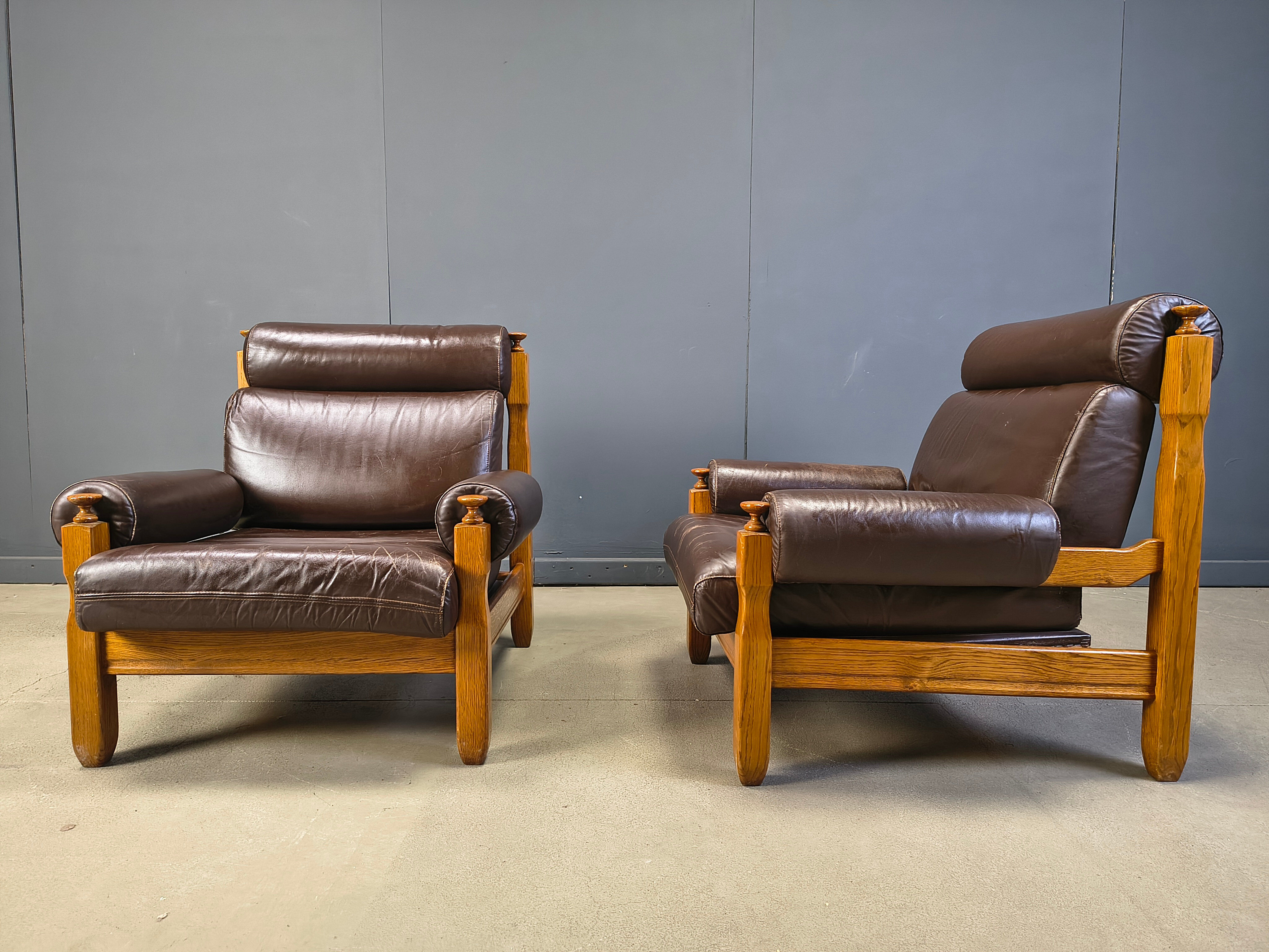 Vintage rustic brown leather and oak armchairs, 1960s - set of 2