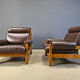 Vintage rustic brown leather and oak armchairs, 1960s - set of 2