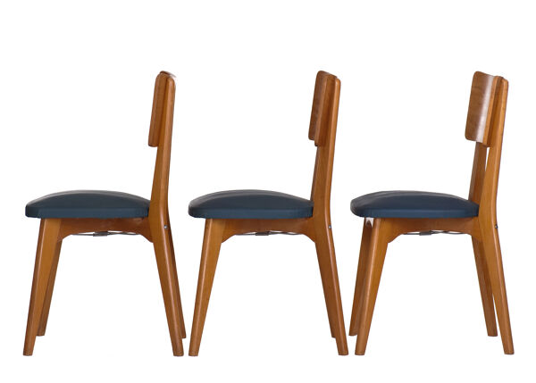 Set de 3 chaises vintage 1960 Monobloc pieds compas et skaï bleu canard