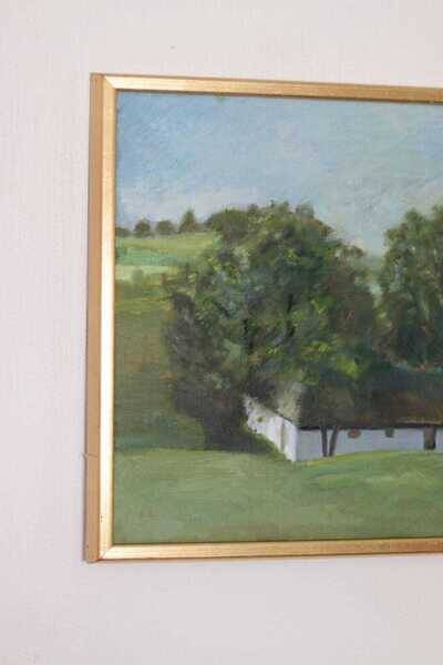 Original Swedish oil on canvas – “Landscape with Farm” by H. Engkvist – dated 1983 – vintage & framed – 41 × 50 cm (16.1" × 19.7")