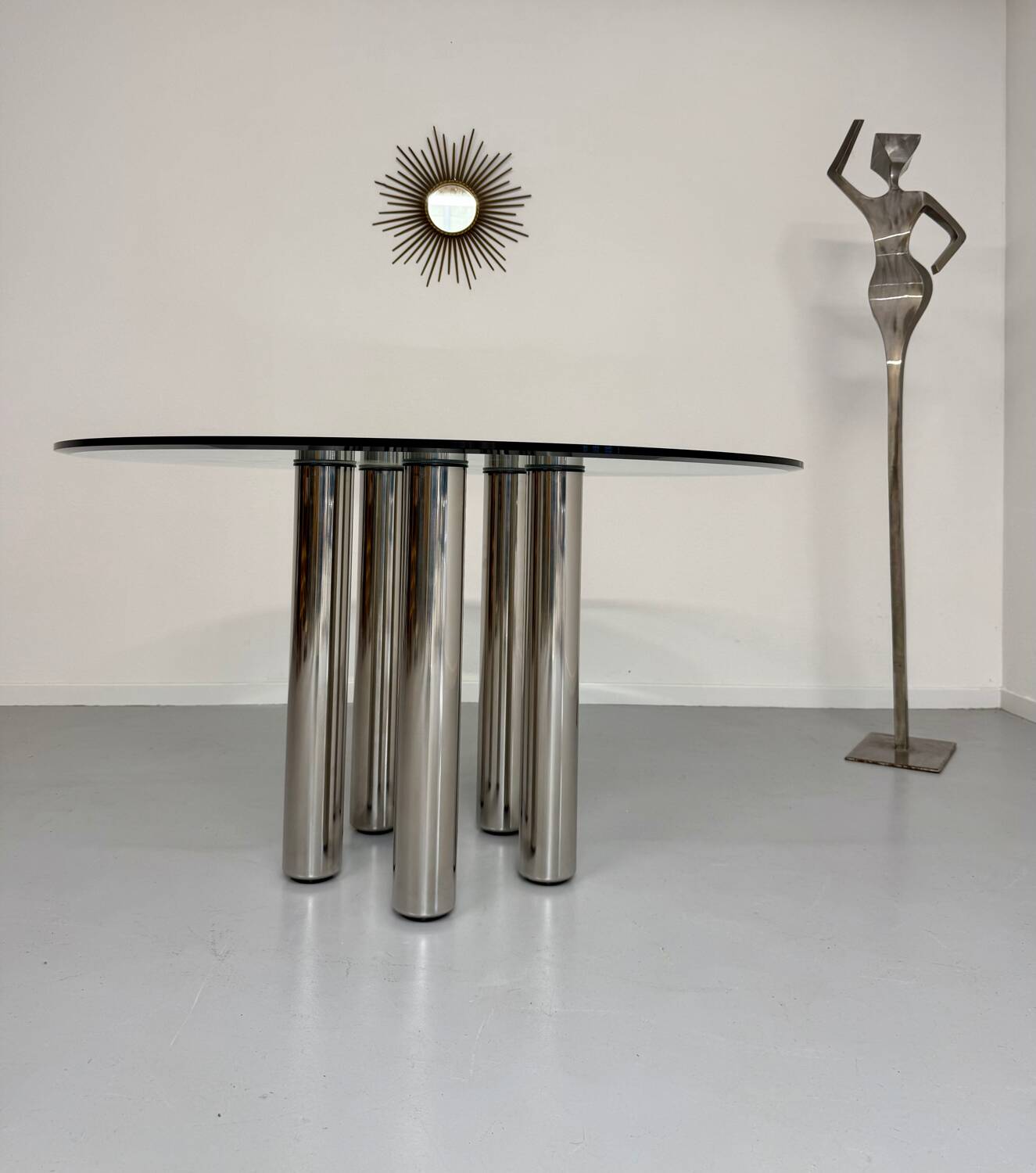 Table repas ronde verre et métal design italien des années 80 vintage
