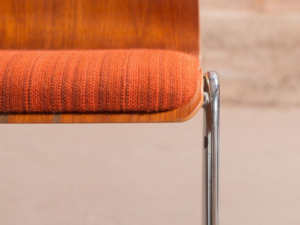 Set of 4 vintage chairs with a chrome steel base, teak backrest and seat