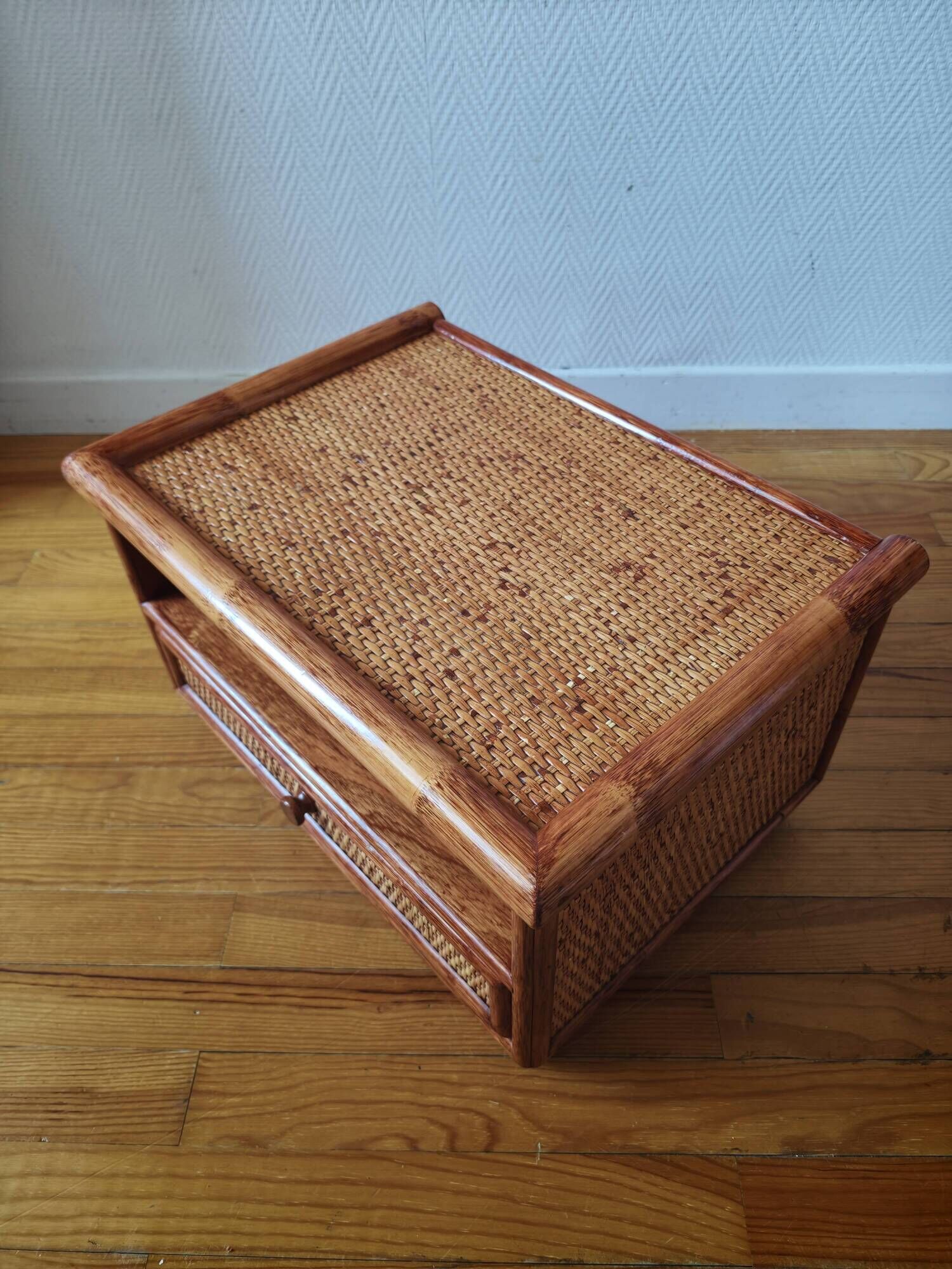 Rattan bedside table from the 1970s-80s.