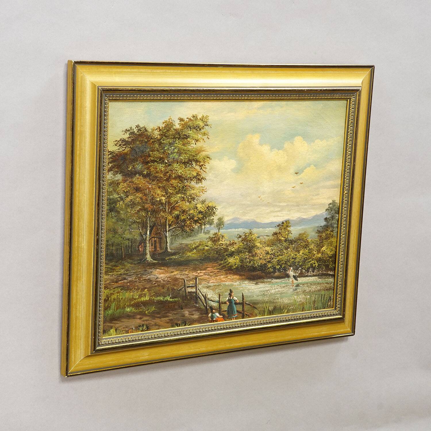 19th-century Biedermeier landscape painting with a lake and trees.