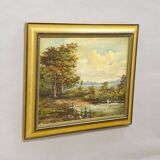 19th-century Biedermeier landscape painting with a lake and trees.
