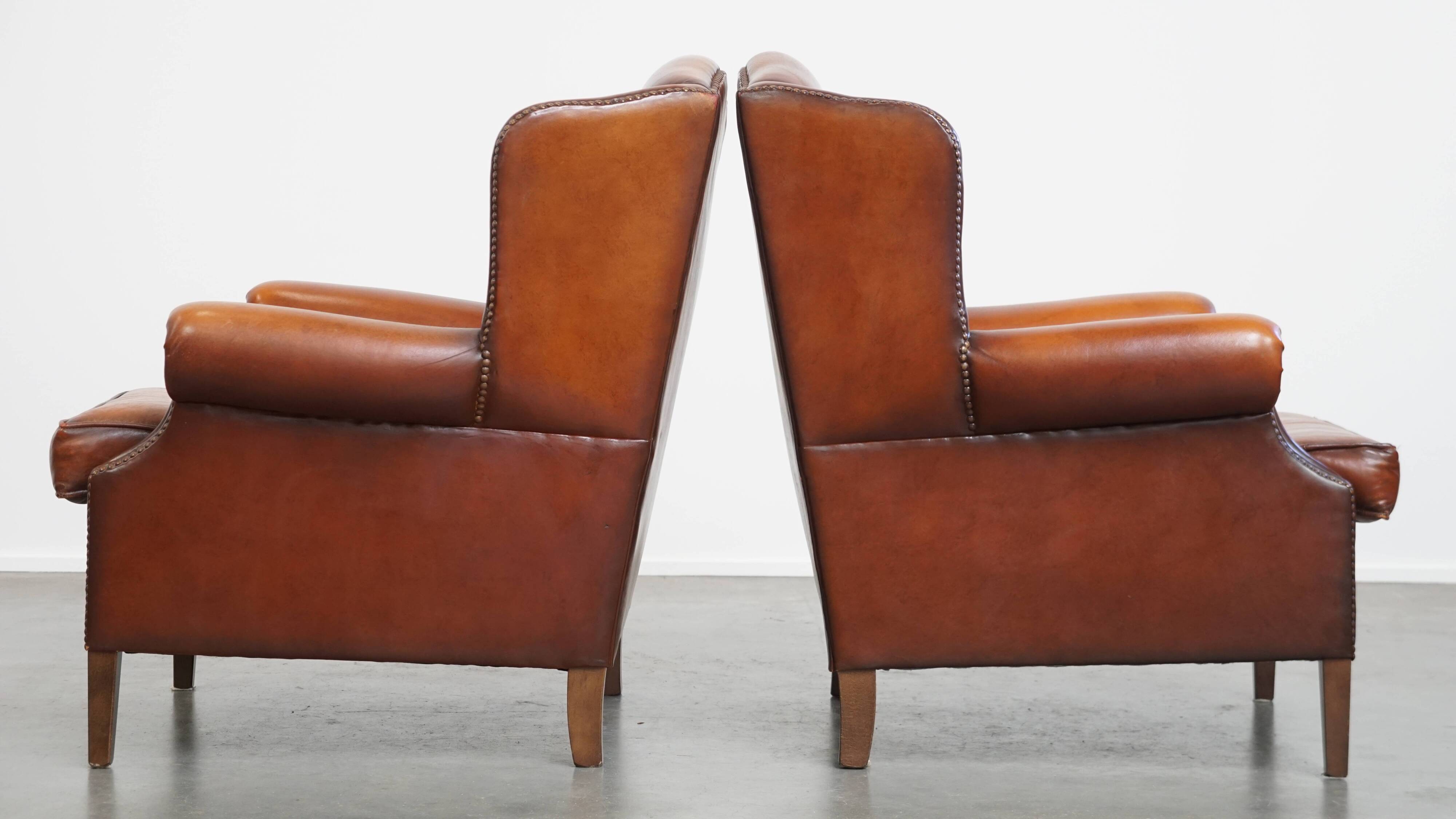 Set of 2 English style sheepskin leather wingback armchairs