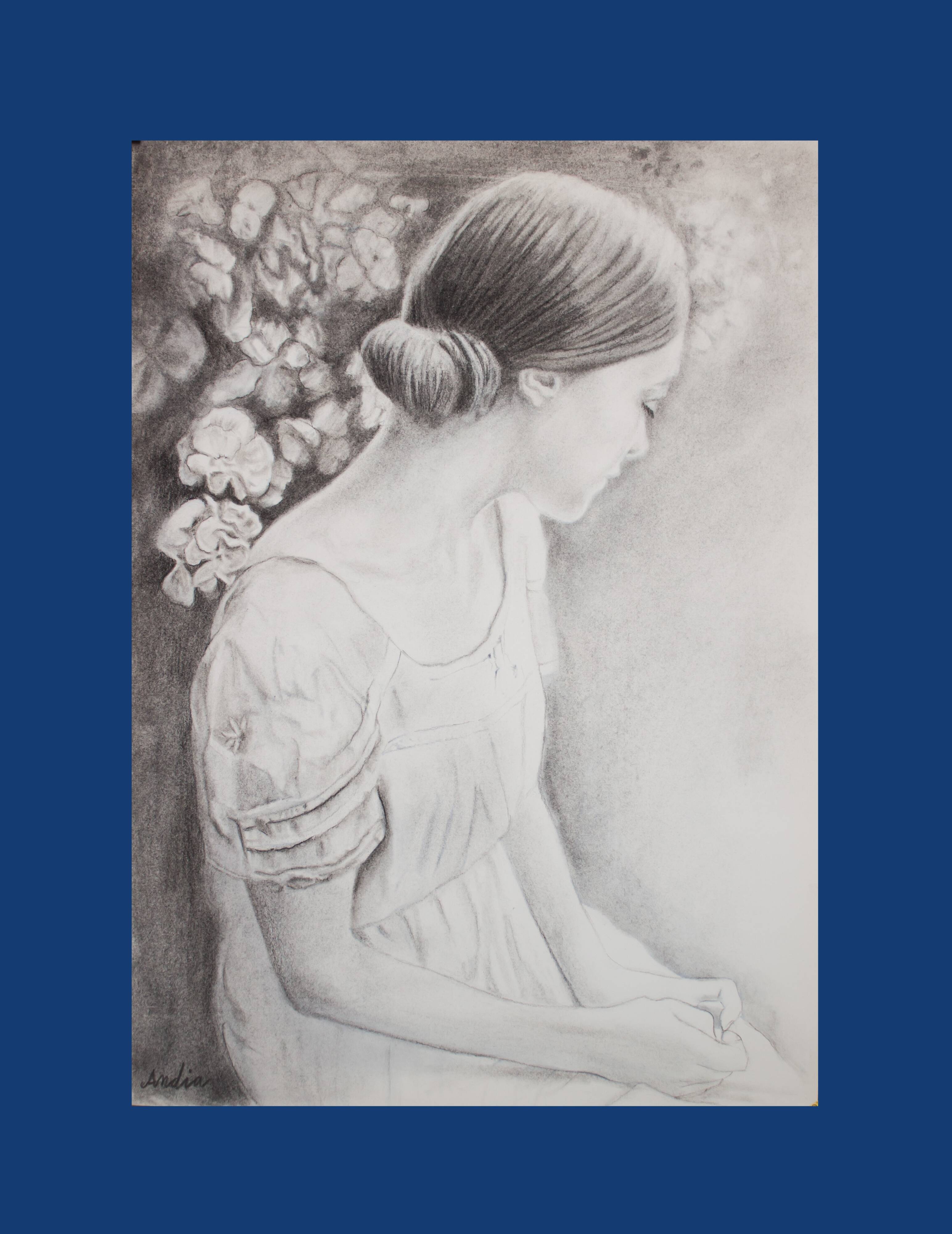 Charcoal drawing representing a young woman. Carbon paint.