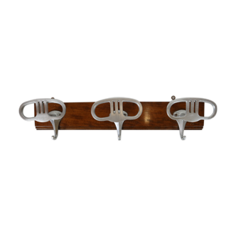 Vintage aluminum wood caotrack Fratelli Reguitti 60s, 3 hooks