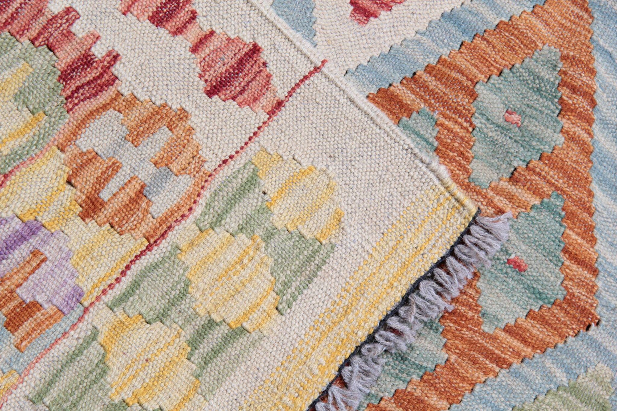 Tapis Kilim afghan multicolore : tissage plat contemporain en laine à rayures 296 x 202 cm