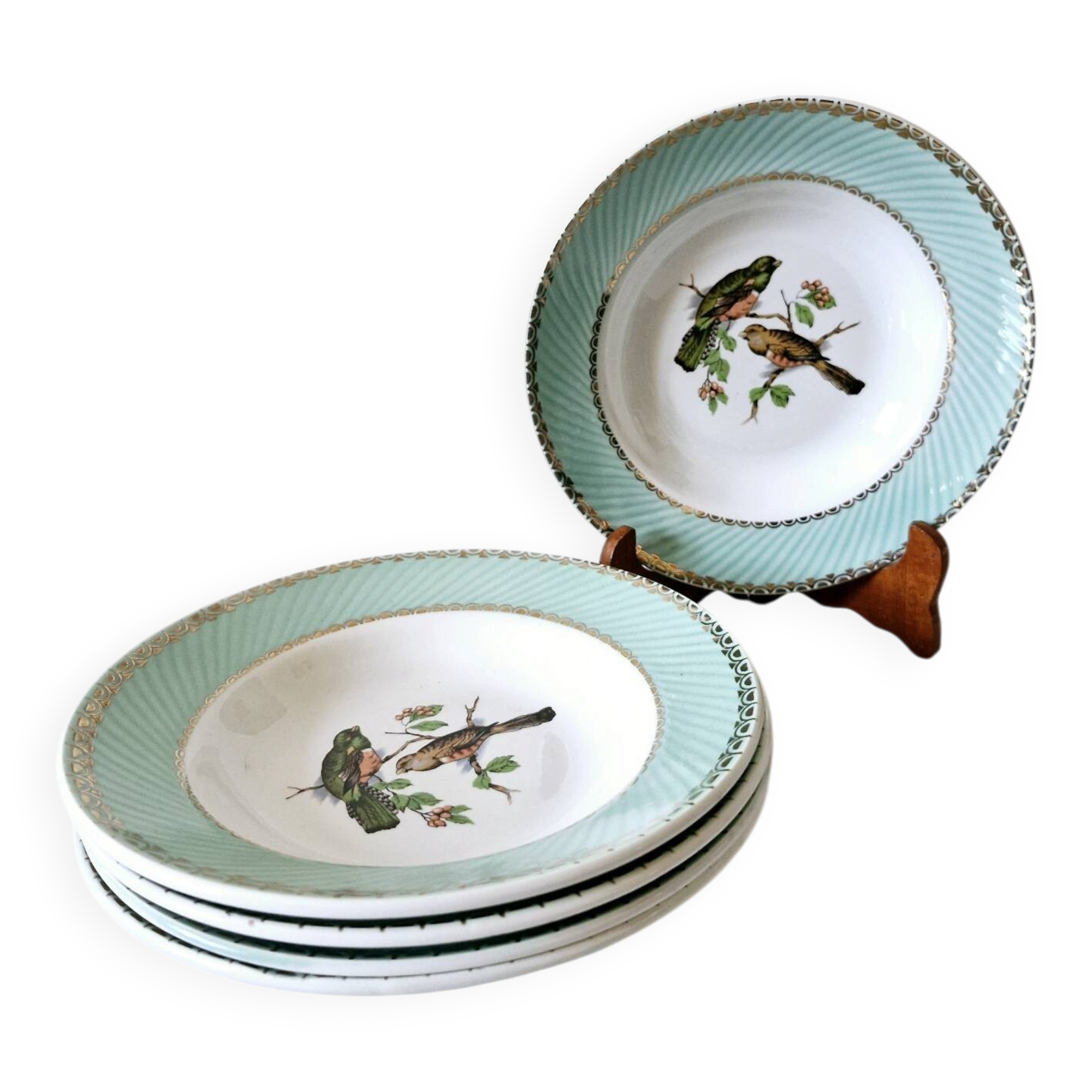 5 assiettes creuses Badonviller oiseaux liseré doré
