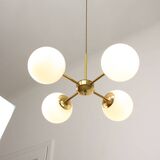 Italian Mid Century Golden Sputnik Chandelier with Opaline Shades, 1960s