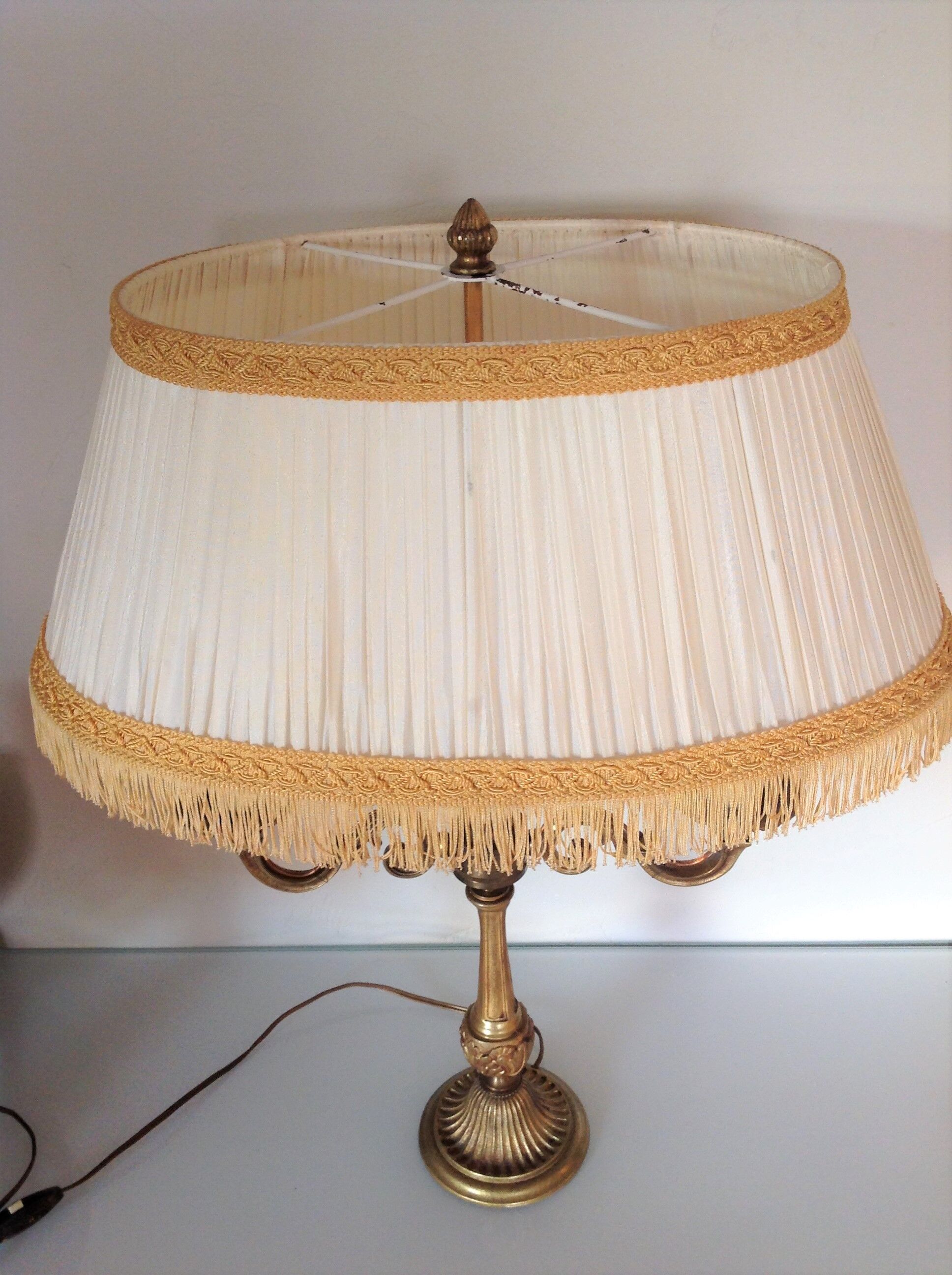 Empire style hot water bottle lamp with fabric lampshade / vintage 50-60s
