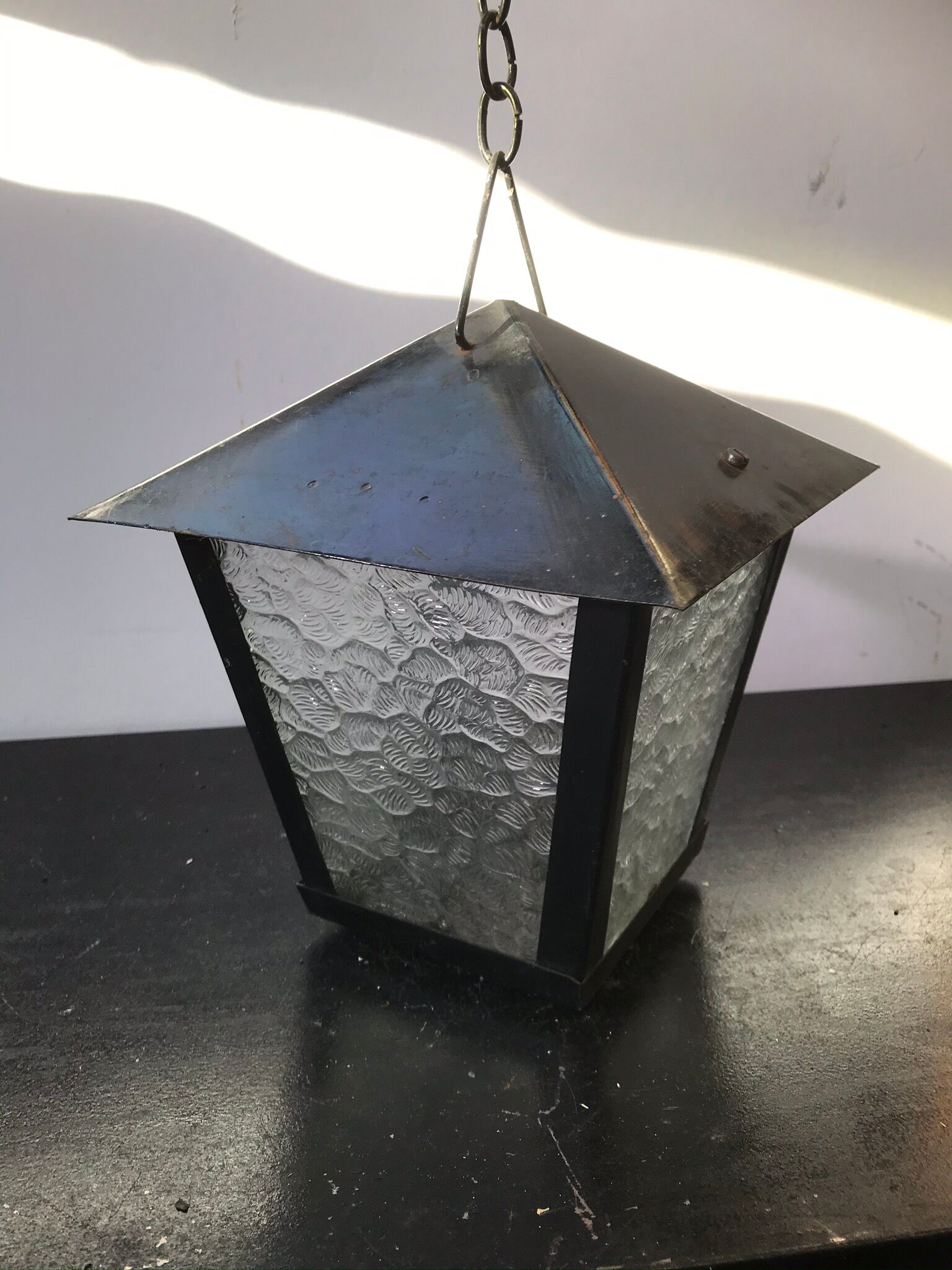 Suspension Old Lantern Metal Black - Vintage 70s Moulded Glass
