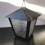 Suspension Old Lantern Metal Black - Vintage 70s Moulded Glass