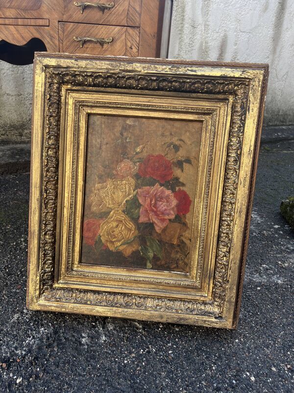 Tableau Ancien XIX – Bouquet de Roses – Huile – Cadre Doré Sculpté