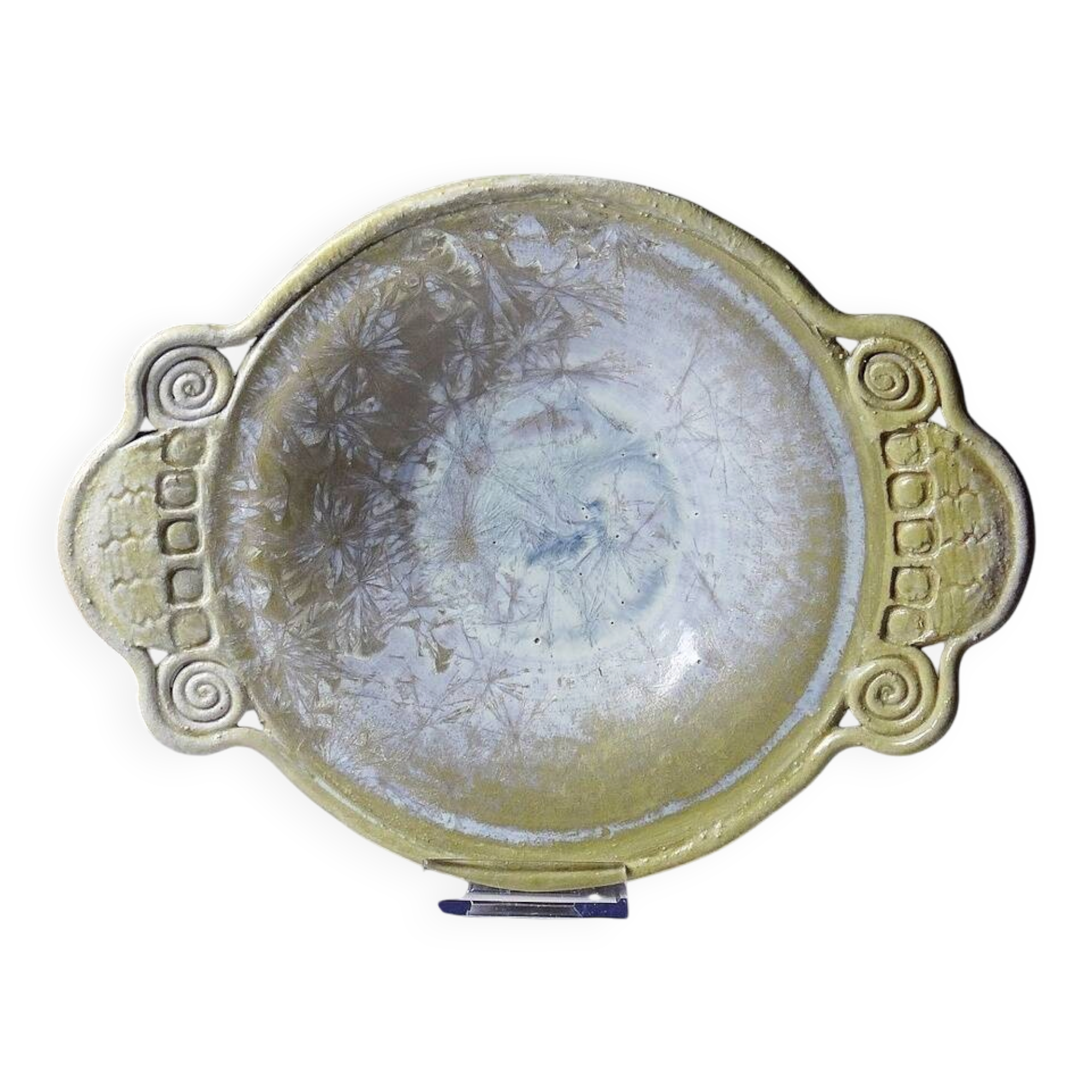 Vintage stoneware pocket bowl with crystalline glazes signed by Françoise Roussel.