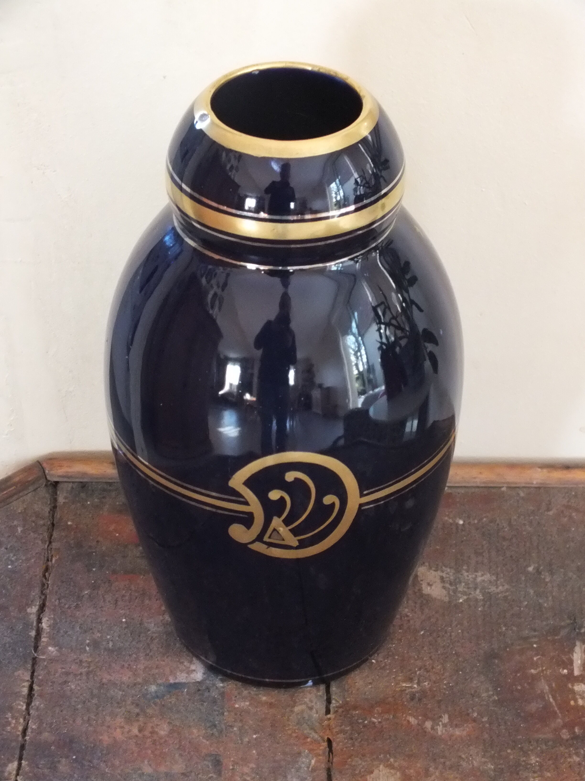 Vase 30s blue of Sèvres and gold Ste Radégonde or Tours Pinon (unsigned)