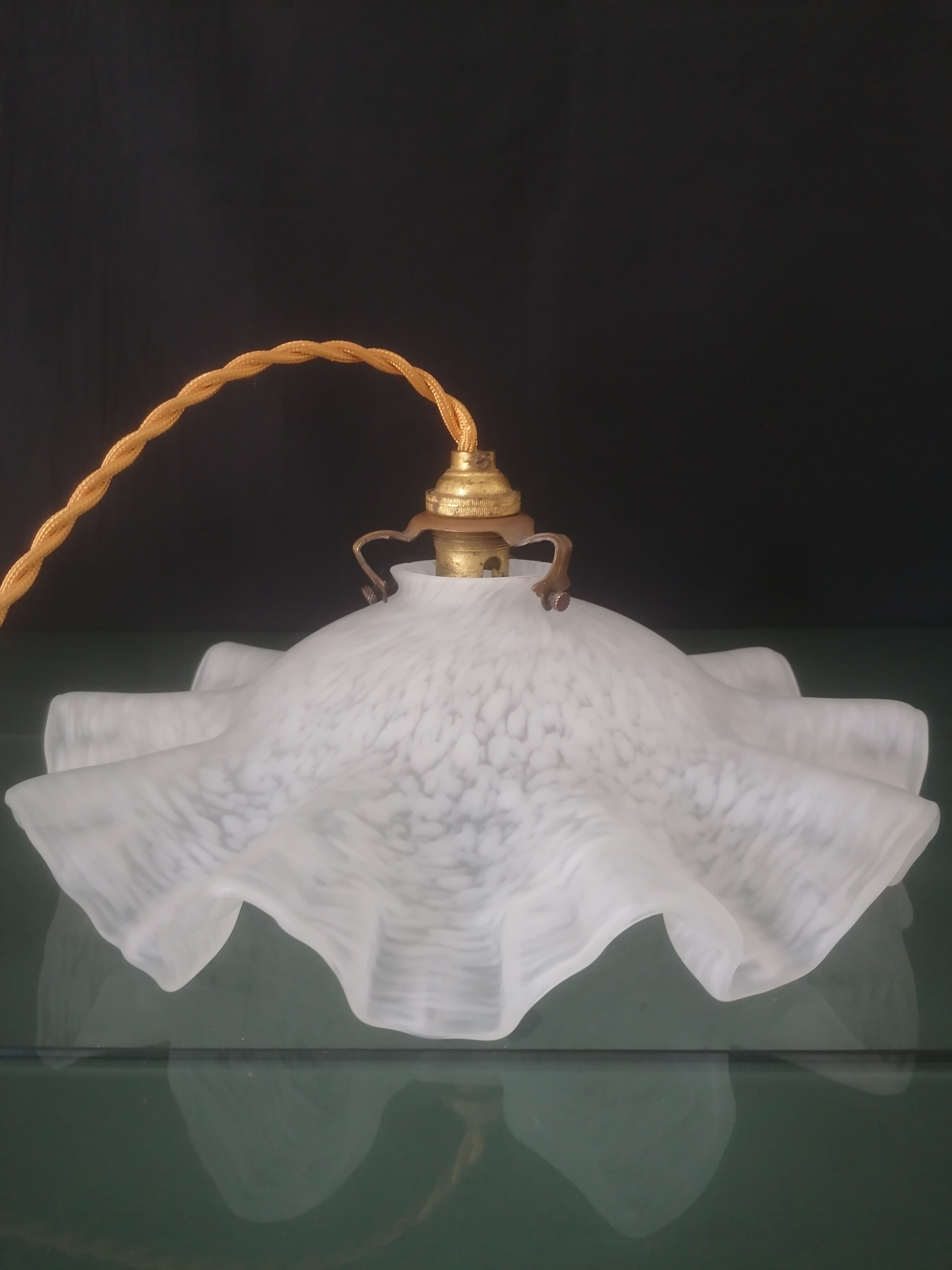 Old corrugated Clichy glass suspension - white speckled - 40s