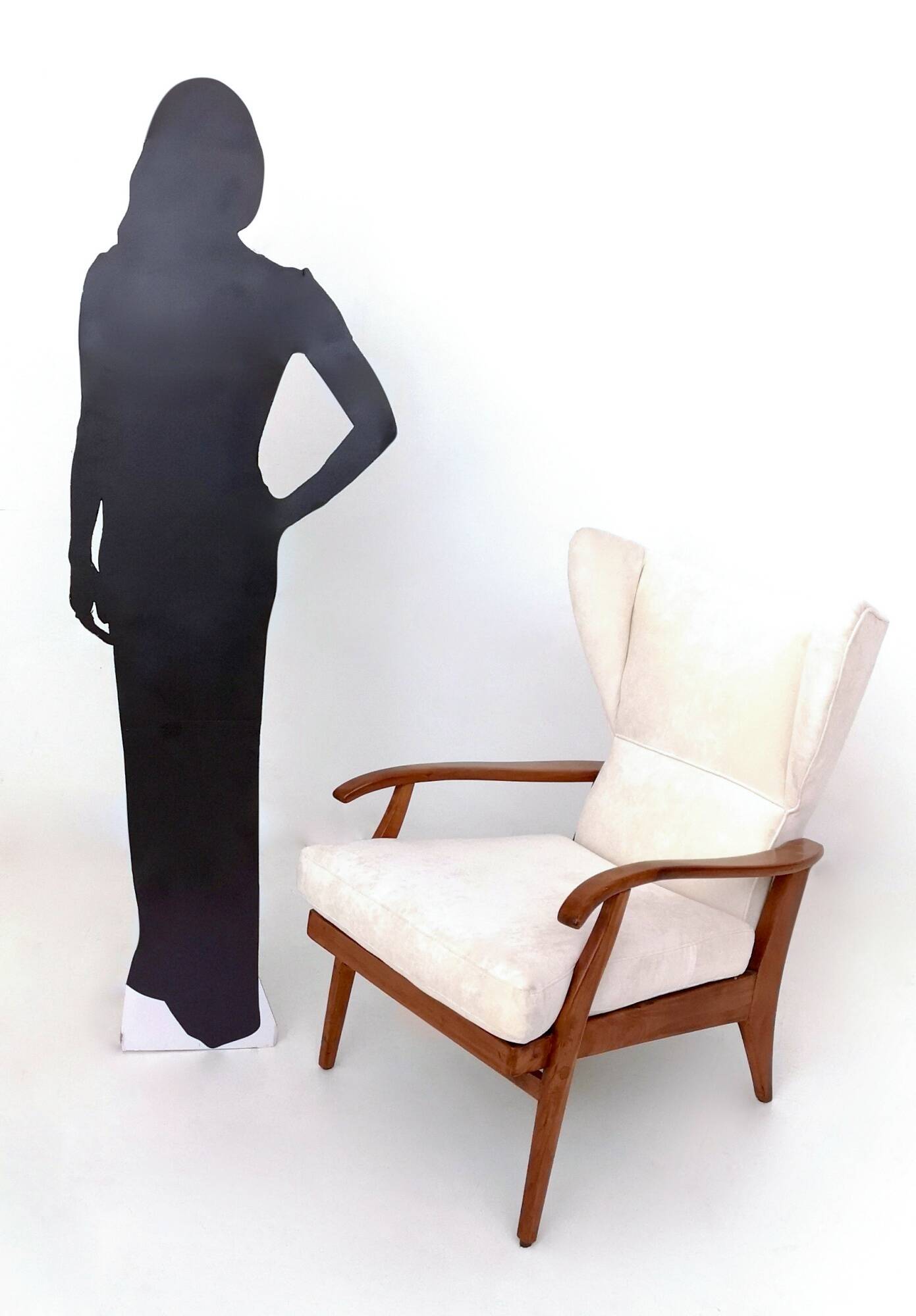 Reclining Armchair with Cherry Frame and White Velvet Upholstery, Italy