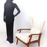 Reclining Armchair with Cherry Frame and White Velvet Upholstery, Italy