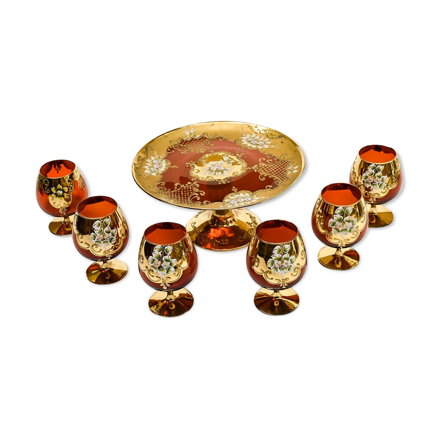 Service 6 glasses and murano dish red ruby gold vintage gold ⋆ Brocante Chic