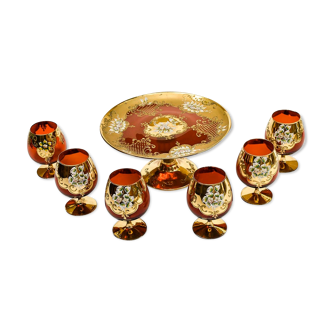 Service 6 verres et plat Murano rouge rubis doré or vintage ⋆ Brocante Chic