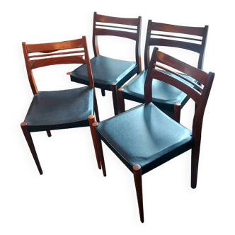 Suite de 4 chaises scandinave vintage en teck & skaï noir - Années 60