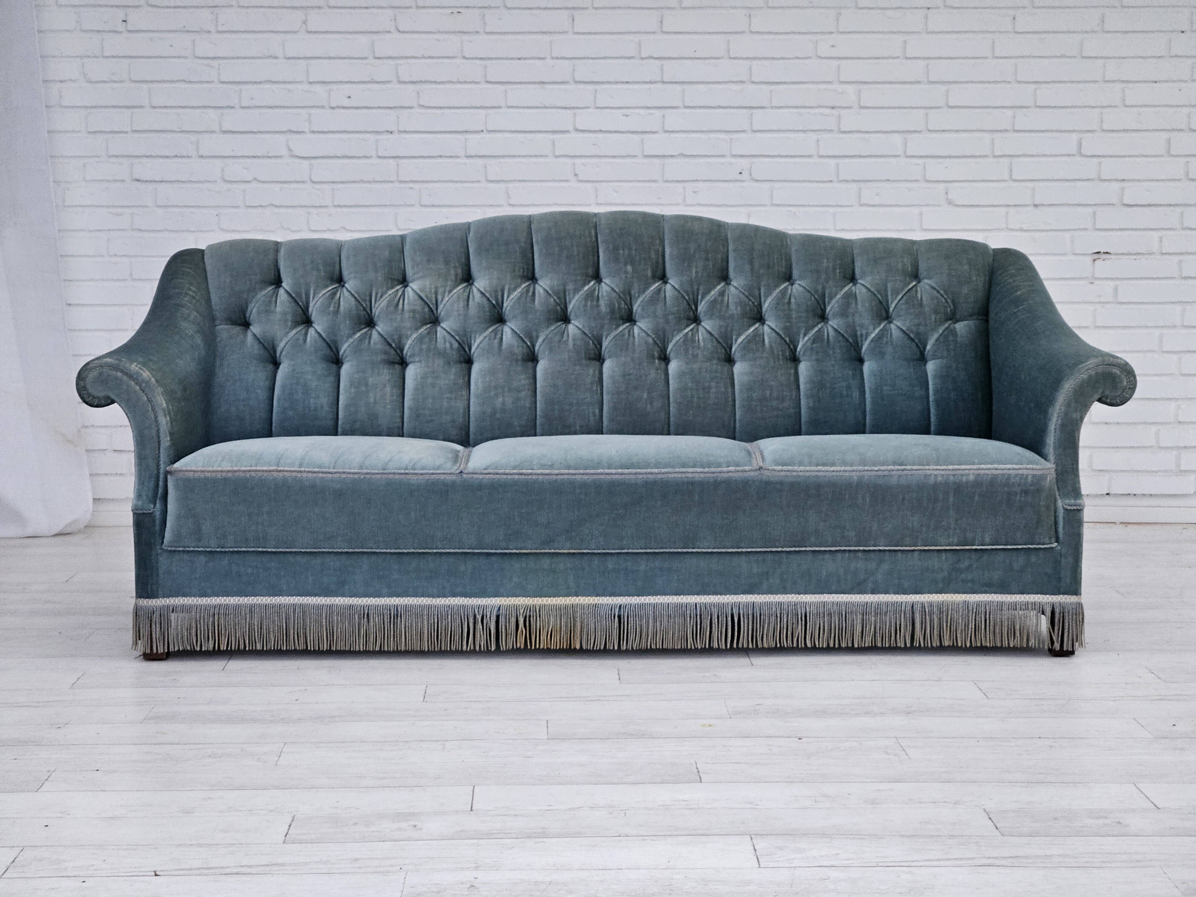 1960s, Danish 3 seater sofa, light blue velour, original good condition.