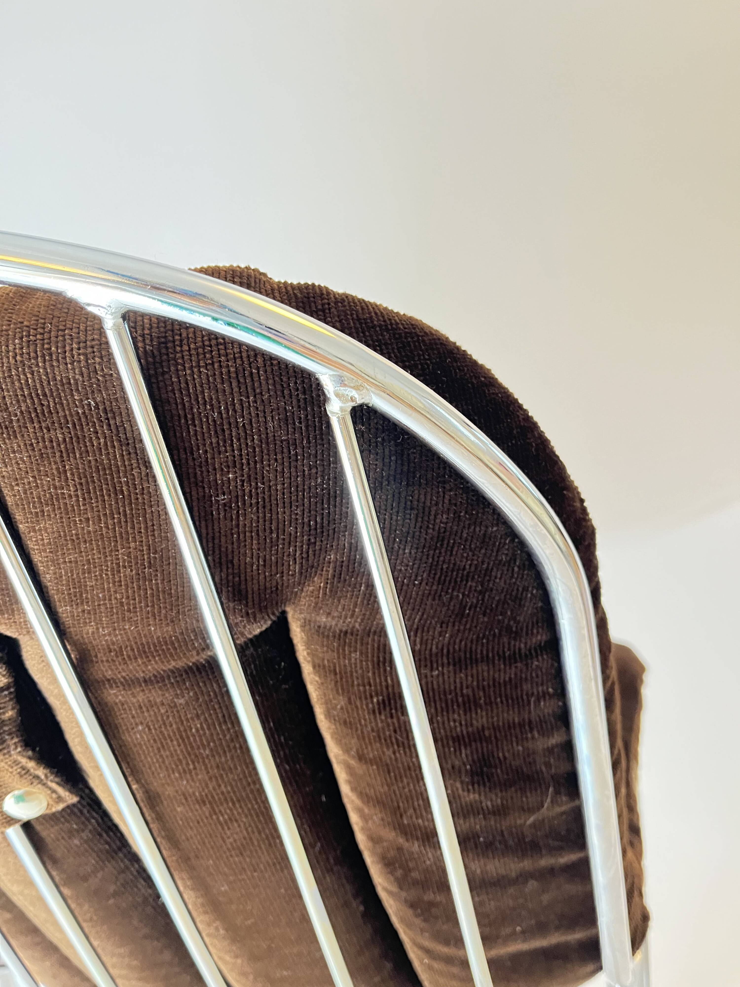 Vintage Metal Dining Chairs Brown Velvet Cushions, Italy, 1970s, Set of 3