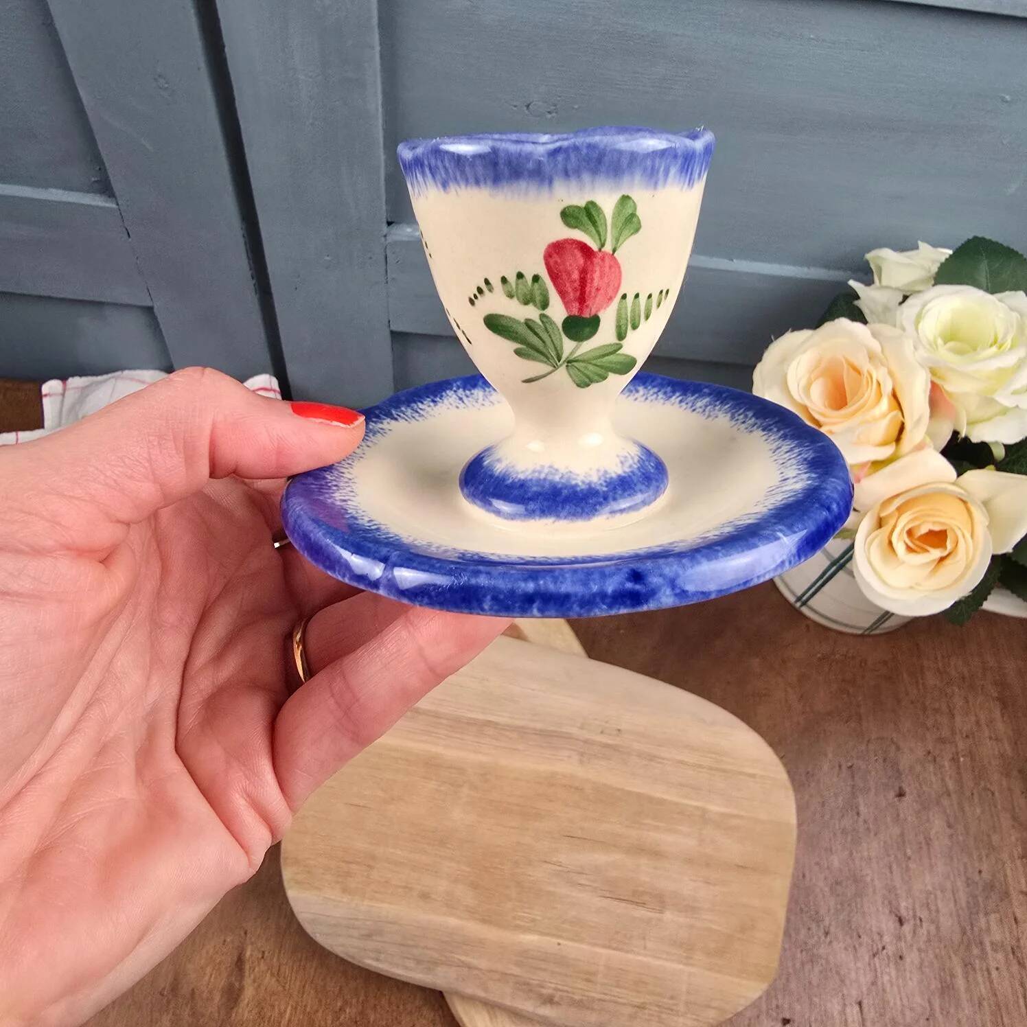 Vintage egg cup with saucer – Handmade – Blue floral decoration