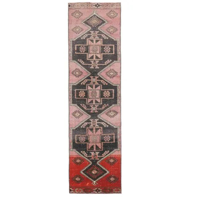 Vintage Turkish hand-knotted wool cotton pink runner 82x312