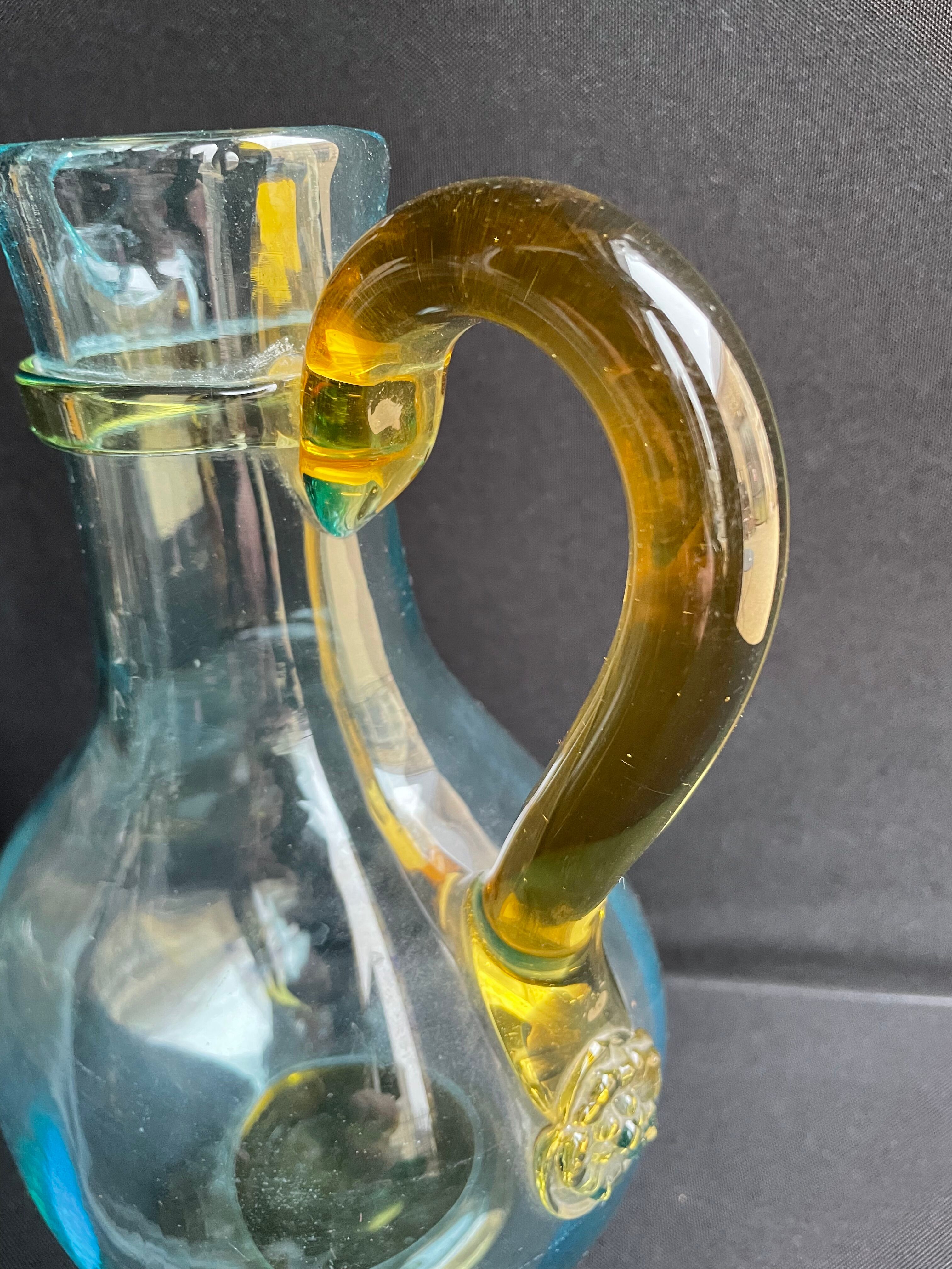 Glassware-crystallery of Portieux - 1 broc and 2 glasses - Napoleon III - Colored blown glass - G