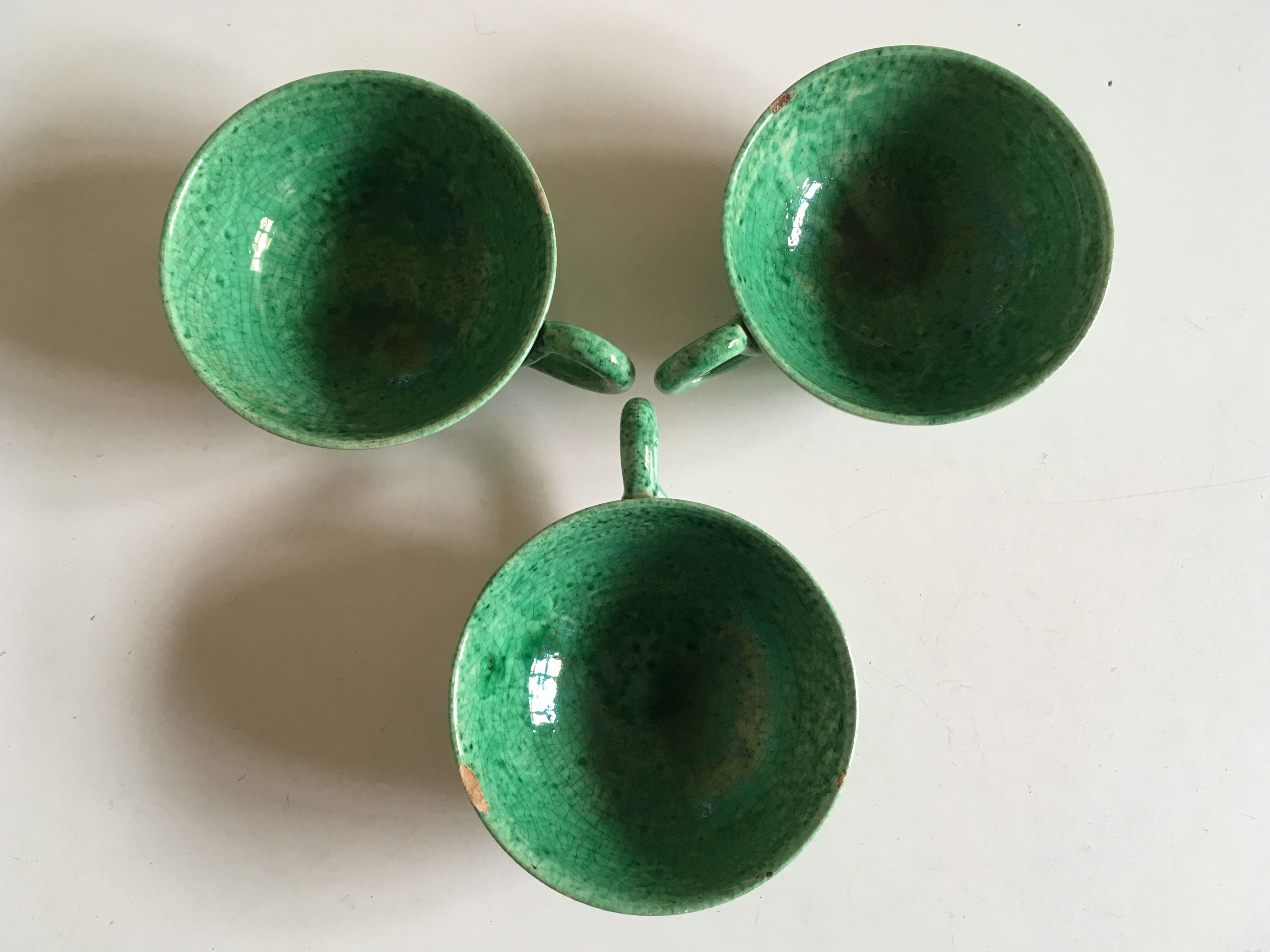Cups green glazed ceramic, marius giuge, vallauris 50's