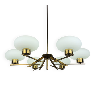 Brass and opaline glass chandelier from the mid-century by Stilnovo, Italy, 1970s.