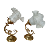 Pair of brass wall sconces and glass tulip, art nouveau style
