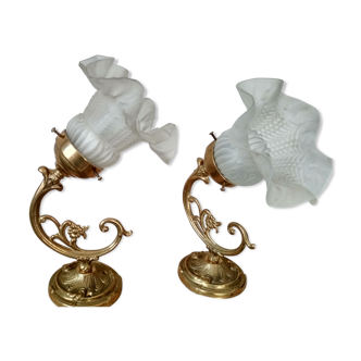 Pair of brass wall sconces and glass tulip, art nouveau style