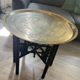 Moroccan coffee table in engraved brass and carved wood