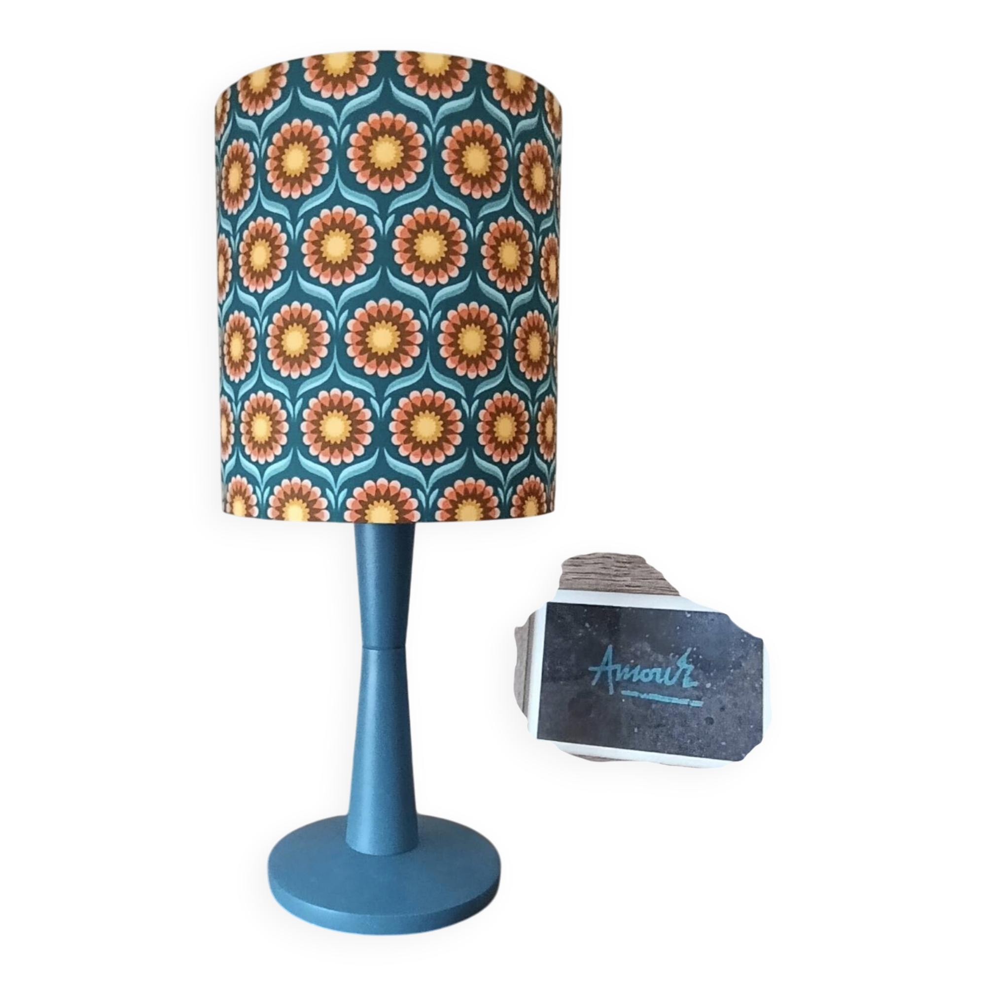 lampe à poser bois bleu, imprimé graphisme fleurs style vintage
