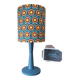 lampe à poser bois bleu, imprimé graphisme fleurs style vintage