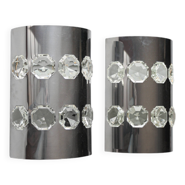 Ensemble de 2 appliques chromées/en verre d'Oscar Torlasco, années 1970, Italie.