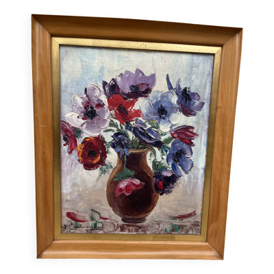 Tableau vintage – Huile sur toile bouquet de fleurs – signé – années 50