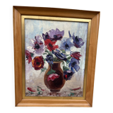 Vintage painting – Oil on canvas flower bouquet – signed – 1950s