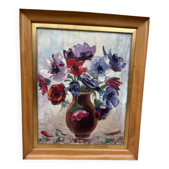 Tableau vintage – Huile sur toile bouquet de fleurs – signé – années 50