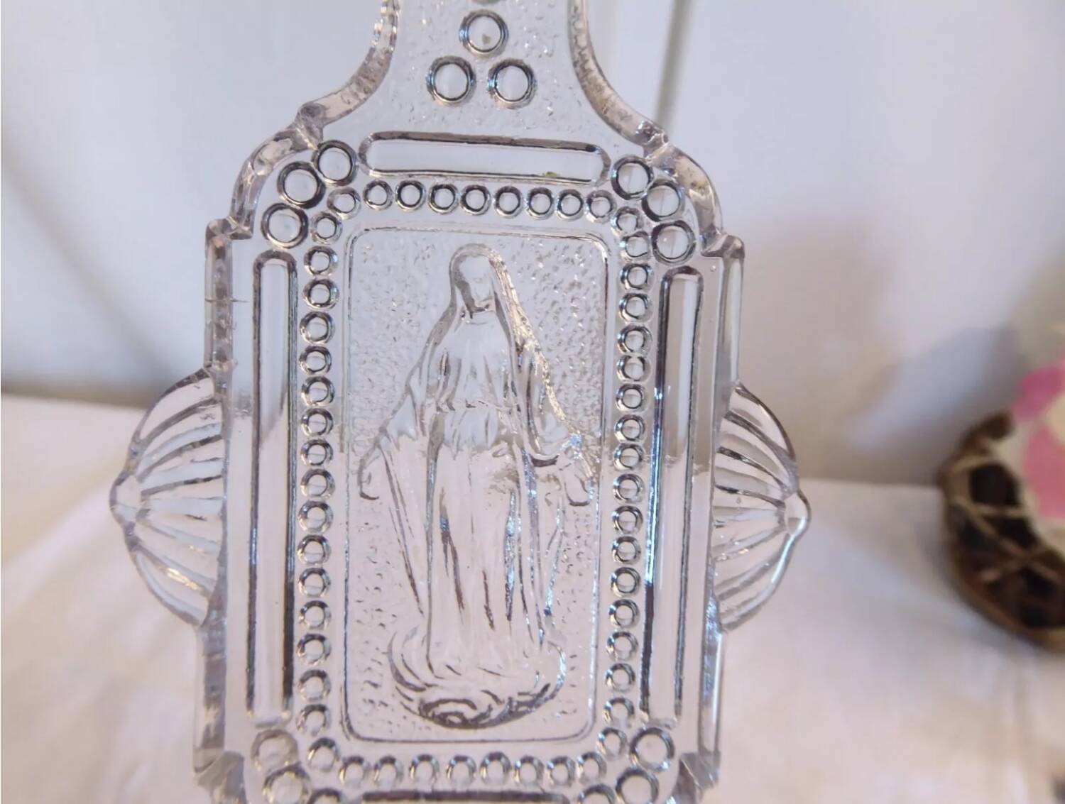 Virgin Mary molded glass stoup