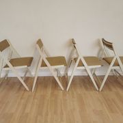 Set of 4 Vintage Wooden Folding Lounge Chairs: Beige Fabric, STOL Kamnik 1970